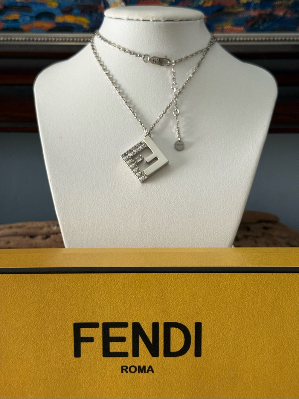 Fendi FF logo Crystal Pendant Chain Necklace in Silver - Picture 9 of 9